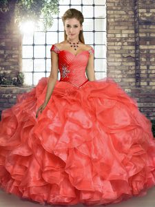 Coral Red 15 Quinceanera Dress Military Ball and Sweet 16 and Quinceanera with Beading and Ruffles Off The Shoulder Sleeveless Lace Up