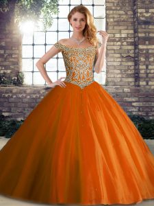 Tulle Off The Shoulder Sleeveless Brush Train Lace Up Beading Vestidos de Quinceanera in Orange Red