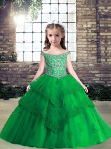 Green Tulle Lace Up Off The Shoulder Sleeveless Floor Length Pageant Gowns Beading and Lace and Appliques