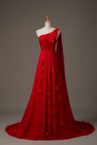 Classical Red Sleeveless Watteau Train Hand Made Flower Homecoming Dress