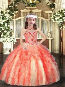 Custom Fit Tulle Halter Top Sleeveless Lace Up Appliques and Ruffles Little Girl Pageant Gowns in Orange Red