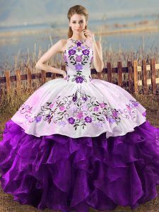 Superior Ball Gowns Quinceanera Gowns White And Purple Halter Top Organza Sleeveless Floor Length Lace Up