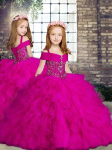 Sleeveless Floor Length Beading and Ruffles Lace Up Child Pageant Dress with Fuchsia