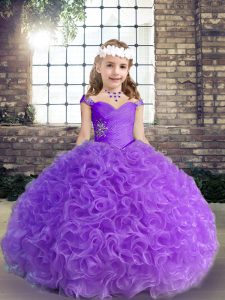 Purple Fabric With Rolling Flowers Straps Sleeveless Beading and Ruching Floor Length Little Girl Pageant Dress