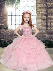Pink Ball Gowns Straps Sleeveless Tulle Floor Length Lace Up Beading and Ruffles Girls Pageant Dresses