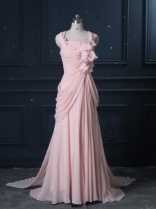Superior Straps Sleeveless Prom Dress Brush Train Ruching Pink Chiffon