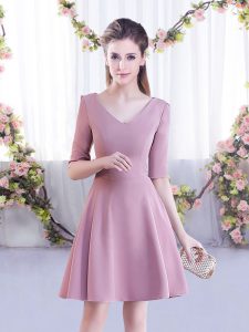 Inexpensive Mini Length Zipper Damas Dress Pink for Wedding Party with Ruching