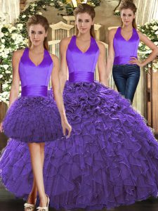 Halter Top Sleeveless Quinceanera Dresses Floor Length Ruffles Purple Organza