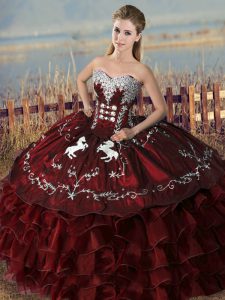 Stunning Embroidery and Ruffles Quinceanera Dresses Burgundy Lace Up Sleeveless Floor Length