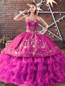 Elegant Ball Gowns Sweet 16 Quinceanera Dress Fuchsia Sweetheart Satin and Organza Sleeveless Floor Length Lace Up