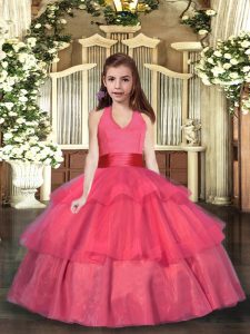 Floor Length Coral Red Kids Formal Wear Organza Sleeveless Ruffled Layers