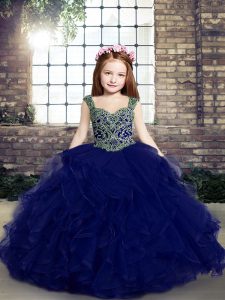 Attractive Blue Ball Gowns Straps Sleeveless Tulle Floor Length Lace Up Beading and Ruffles Little Girls Pageant Dress