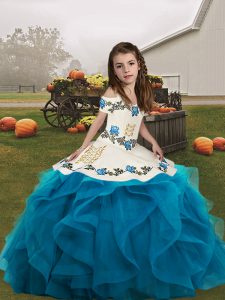 New Arrival Blue Organza Lace Up Straps Sleeveless Floor Length Kids Pageant Dress Embroidery and Ruffles