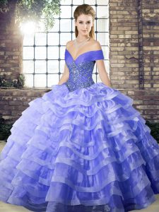 Lavender Sleeveless Organza Brush Train Lace Up Quinceanera Dress for Military Ball and Sweet 16 and Quinceanera