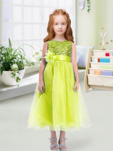 Customized Tea Length Empire Sleeveless Yellow Green Flower Girl Dresses for Less Zipper