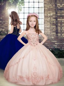 Cute Floor Length Lace Up Kids Pageant Dress Pink for Party and Wedding Party with Beading