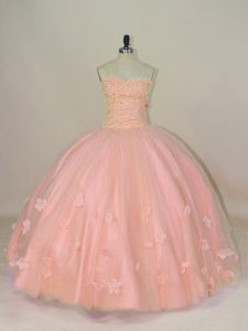 Pink Lace Up Ball Gown Prom Dress Hand Made Flower Sleeveless Floor Length
