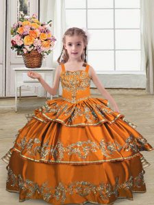 Orange Girls Pageant Dresses Wedding Party with Embroidery and Ruffled Layers Straps Sleeveless Lace Up