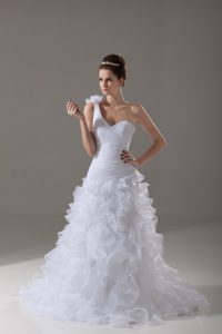 White Lace Up One Shoulder Ruffles and Hand Made Flower Wedding Dresses Organza Sleeveless Brush Train