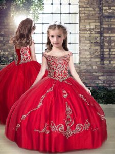 Modern Red Kids Pageant Dress Wedding Party with Beading Straps Sleeveless Lace Up