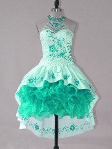 Cheap Sleeveless Satin and Organza High Low Lace Up Prom Dress in Turquoise with Embroidery and Ruffles