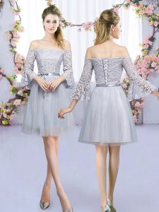 Grey Dama Dress for Quinceanera Wedding Party with Lace and Belt Off The Shoulder 3 4 Length Sleeve Lace Up