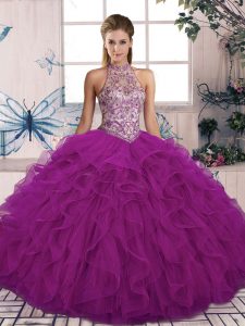 Floor Length Purple Quinceanera Gowns Tulle Sleeveless Beading and Ruffles