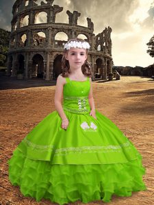 Glorious Floor Length Yellow Green Little Girl Pageant Dress Satin and Organza Sleeveless Embroidery and Ruffled Layers