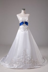 Fabulous White Ball Gowns Satin Strapless Sleeveless Beading and Embroidery Lace Up Bridal Gown Brush Train
