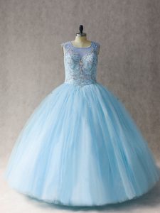 Scoop Sleeveless Lace Up Quinceanera Gown Light Blue Tulle