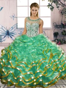 Fantastic Organza Scoop Sleeveless Lace Up Beading and Ruffles Quince Ball Gowns in Turquoise