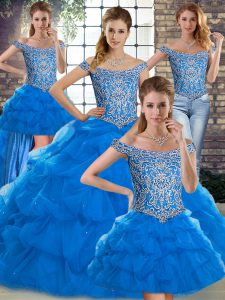 Hot Selling Blue Lace Up Off The Shoulder Beading and Pick Ups Sweet 16 Dress Tulle Sleeveless Brush Train