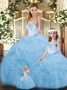 Modest Floor Length Blue Ball Gown Prom Dress Sweetheart Sleeveless Lace Up