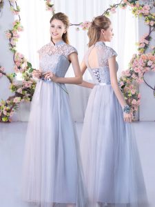 Dramatic Cap Sleeves Tulle Floor Length Lace Up Bridesmaid Gown in Grey with Lace