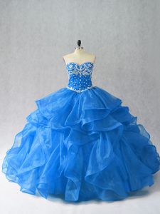 Ideal Sweetheart Sleeveless 15 Quinceanera Dress Floor Length Beading and Ruffles Blue Organza