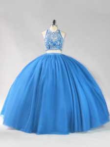 Tulle Strapless Sleeveless Backless Beading 15 Quinceanera Dress in Blue