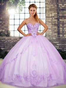 Lavender Ball Gowns Beading and Embroidery Sweet 16 Dress Lace Up Tulle Sleeveless Floor Length