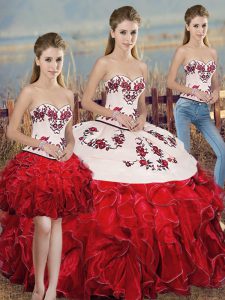 Captivating Organza Sweetheart Sleeveless Lace Up Embroidery and Ruffles and Bowknot 15th Birthday Dress in White And Red