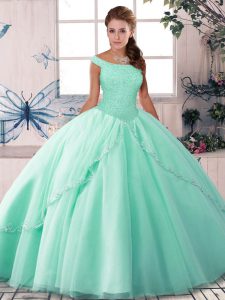 Suitable Sleeveless Tulle Brush Train Lace Up Ball Gown Prom Dress in Apple Green with Beading