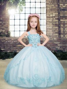 Light Blue Tulle Lace Up Straps Sleeveless Floor Length Pageant Dress for Teens Beading