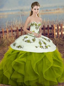 Olive Green Ball Gowns Sweetheart Sleeveless Tulle Floor Length Lace Up Embroidery and Ruffles and Bowknot Sweet 16 Dress