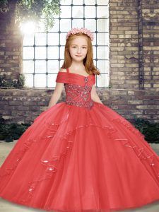 Sweet Coral Red Straps Lace Up Beading and Ruffles Pageant Dress Womens Sleeveless