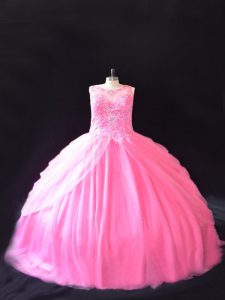 High End Rose Pink Scoop Lace Up Beading Quinceanera Gown Court Train Sleeveless