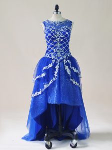 A-line Prom Evening Gown Royal Blue Scoop Tulle Sleeveless High Low Zipper