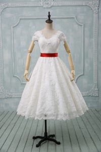 White Wedding Dress Wedding Party with Lace and Belt V-neck Short Sleeves Zipper
