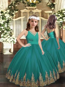Stunning Turquoise Tulle Zipper Little Girl Pageant Dress Sleeveless Floor Length Embroidery