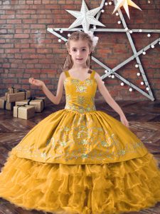 Wonderful Gold Lace Up Child Pageant Dress Embroidery and Ruffled Layers Sleeveless Floor Length