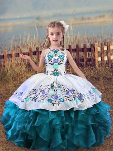 Fashion Teal Sleeveless Floor Length Embroidery and Ruffles Lace Up Girls Pageant Dresses