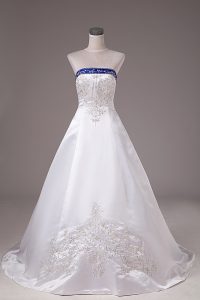 Latest Satin Sleeveless Bridal Gown Brush Train and Beading and Embroidery