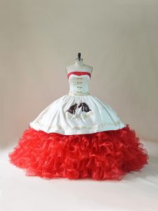Perfect White And Red Sleeveless Brush Train Embroidery and Ruffles Sweet 16 Quinceanera Dress
